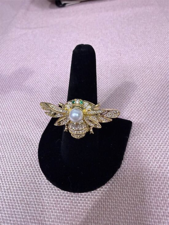 Designer fashion Vintage Bee Cocktail Ring 14K Plated copper Pearl CZ gift - Picture 2 of 6